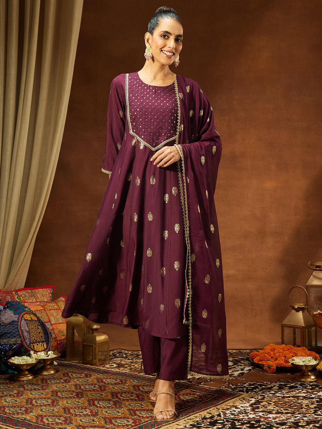 Janasya Wine Anarkali Chanderi Kurta,Bottom & Dupatta | Grocsy