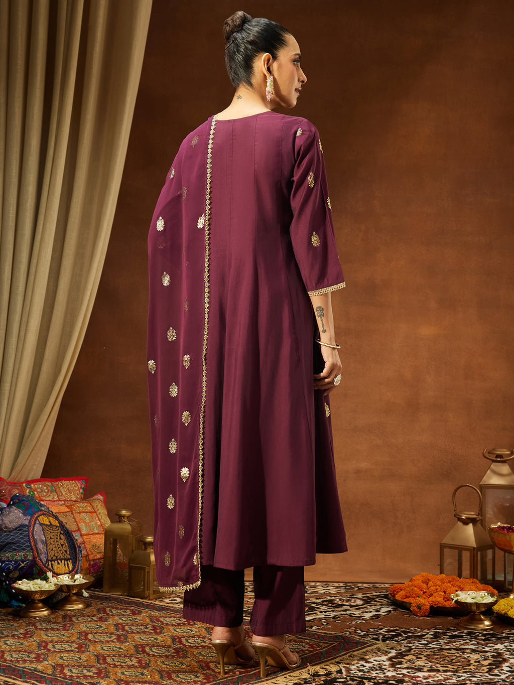 Janasya Wine Anarkali Chanderi Kurta,Bottom & Dupatta | Grocsy