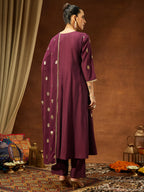Janasya Wine Anarkali Chanderi Kurta,Bottom & Dupatta | Grocsy