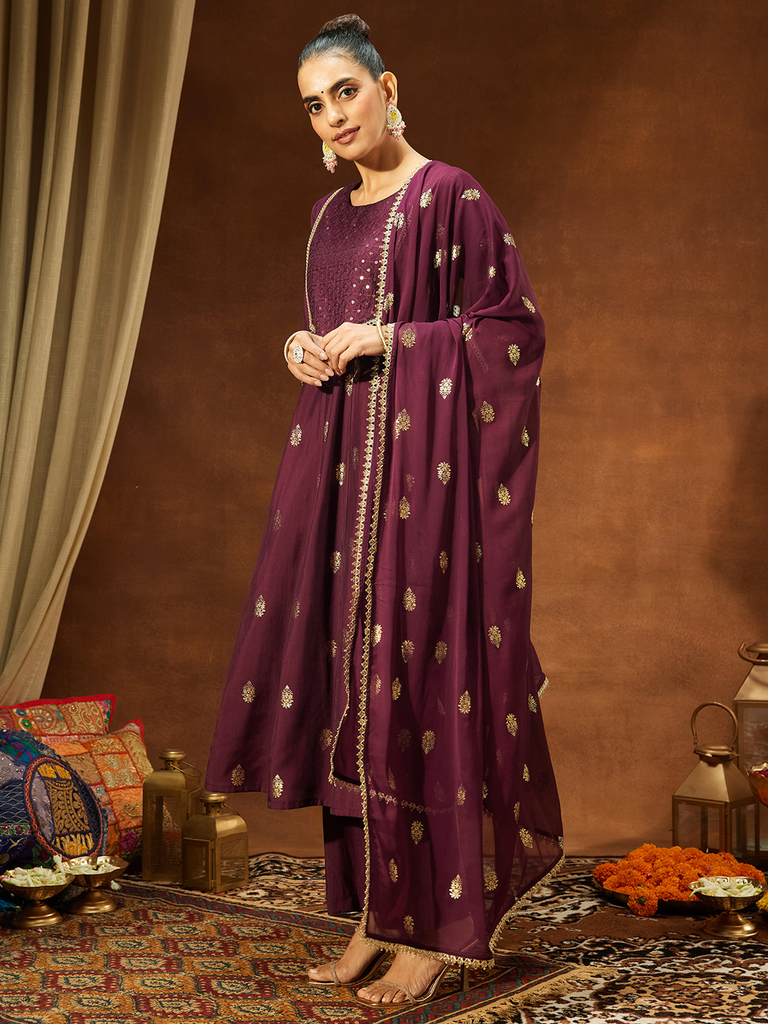 Janasya Wine Anarkali Chanderi Kurta,Bottom & Dupatta | Grocsy