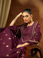 Janasya Wine Anarkali Chanderi Kurta,Bottom & Dupatta | Grocsy