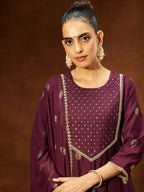 Janasya Wine Anarkali Chanderi Kurta,Bottom & Dupatta | Grocsy