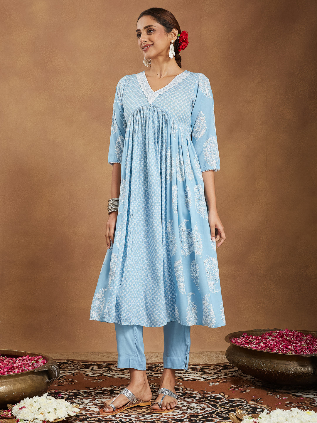 Janasya Light Rayon Ethnic Motifs A-Line Kurta Set | Grocsy