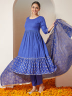 Janasya Dark Cotton Foil Print A-Line Kurta Set | Grocsy