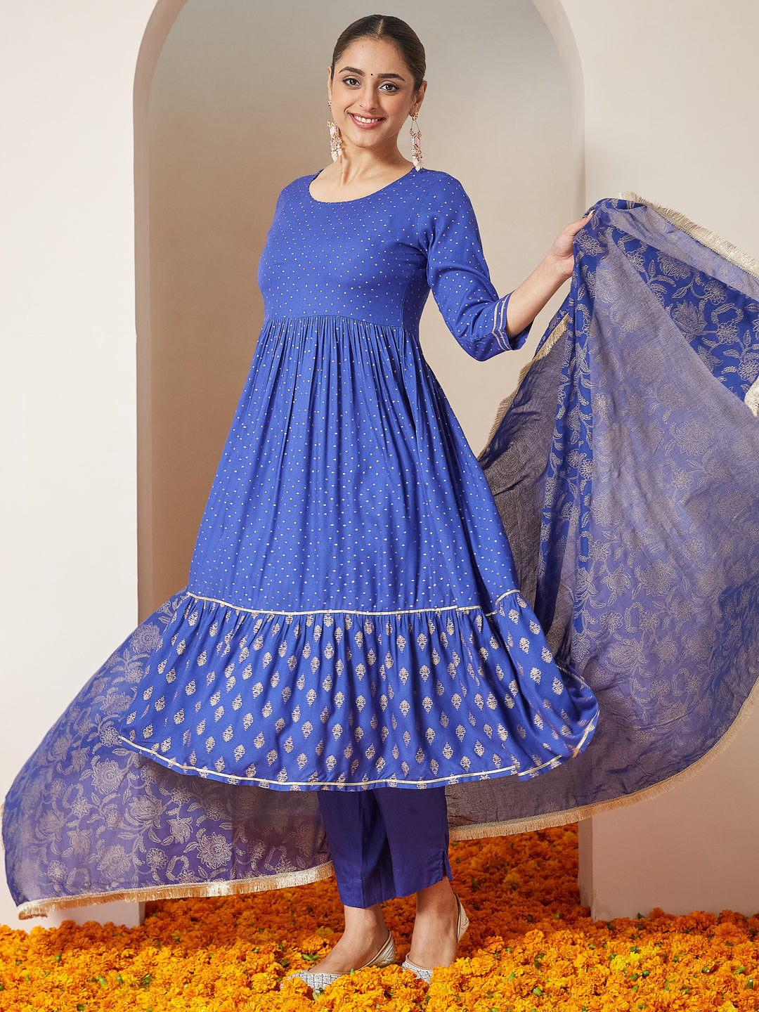 Janasya Dark Cotton Foil Print A-Line Kurta Set | Grocsy