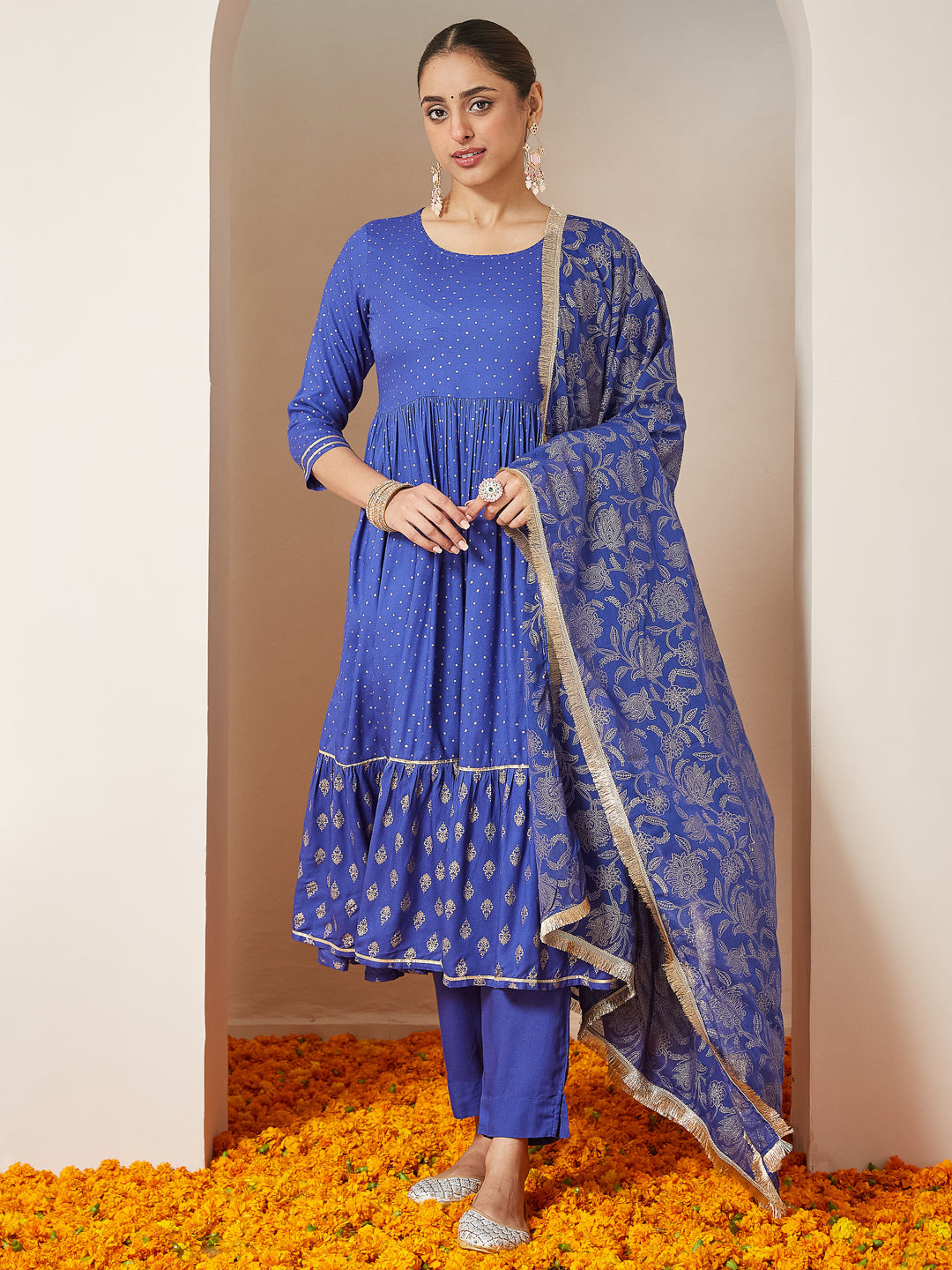 Janasya Dark Cotton Foil Print A-Line Kurta Set | Grocsy