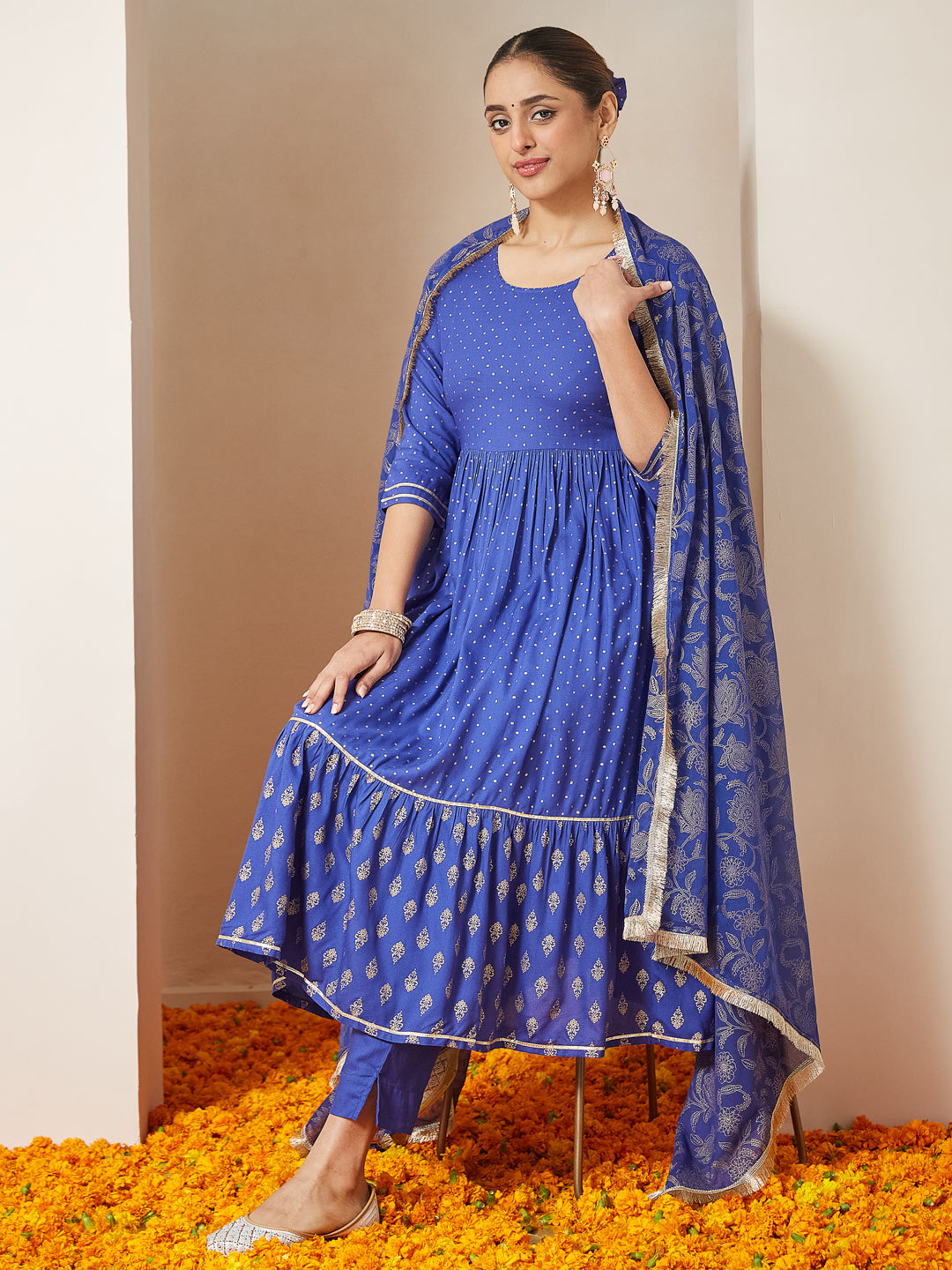 Janasya Dark Cotton Foil Print A-Line Kurta Set | Grocsy