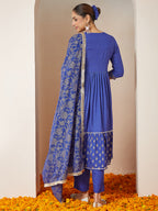 Janasya Dark Cotton Foil Print A-Line Kurta Set | Grocsy