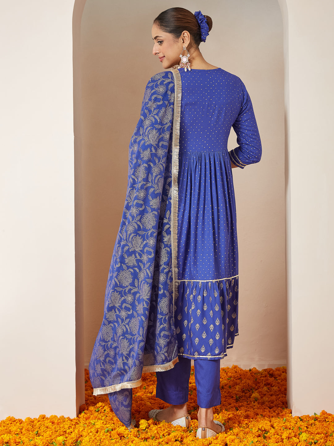 Janasya Dark Cotton Foil Print A-Line Kurta Set | Grocsy