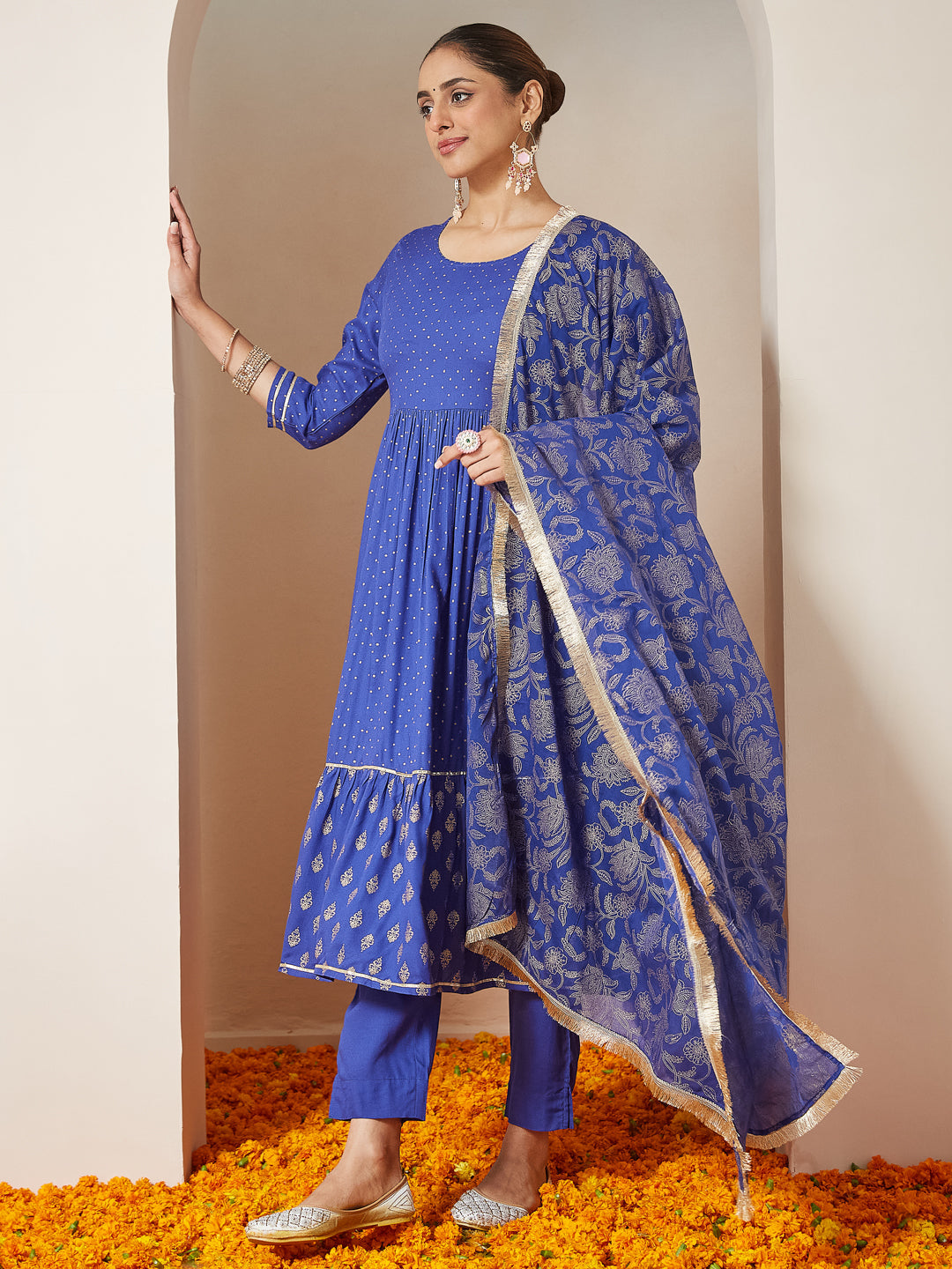 Janasya Dark Cotton Foil Print A-Line Kurta Set | Grocsy