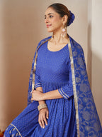 Janasya Dark Cotton Foil Print A-Line Kurta Set | Grocsy