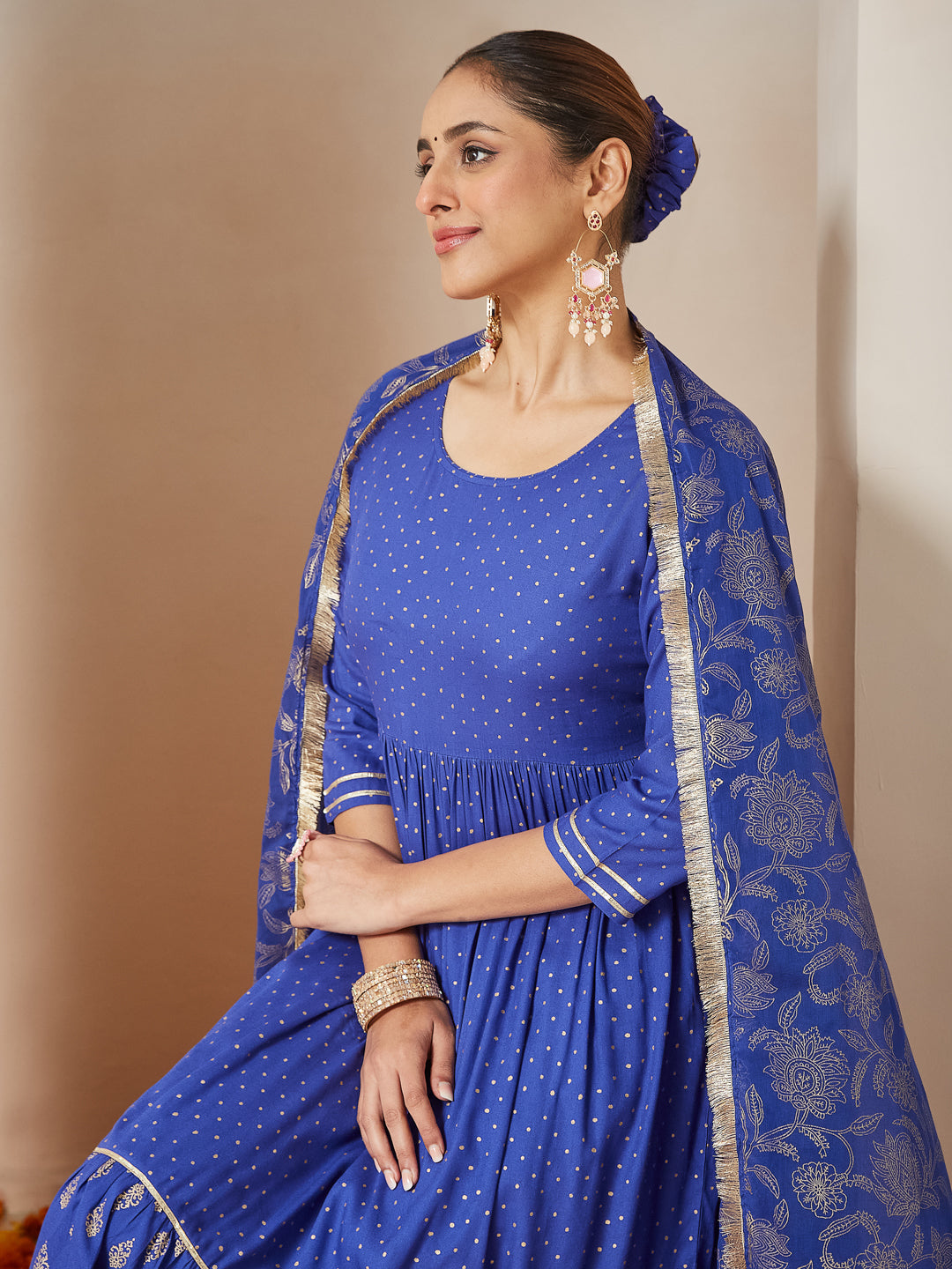 Janasya Dark Cotton Foil Print A-Line Kurta Set | Grocsy