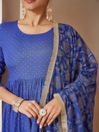 Janasya Dark Cotton Foil Print A-Line Kurta Set | Grocsy
