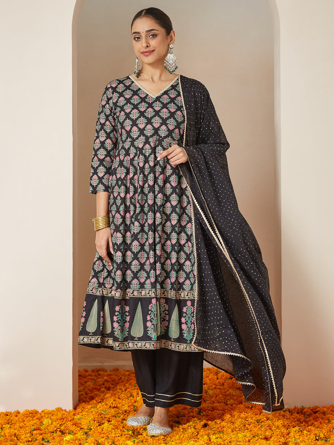 Janasya Dark Rayon Ethnic Motifs A-Line Kurta Set | Grocsy