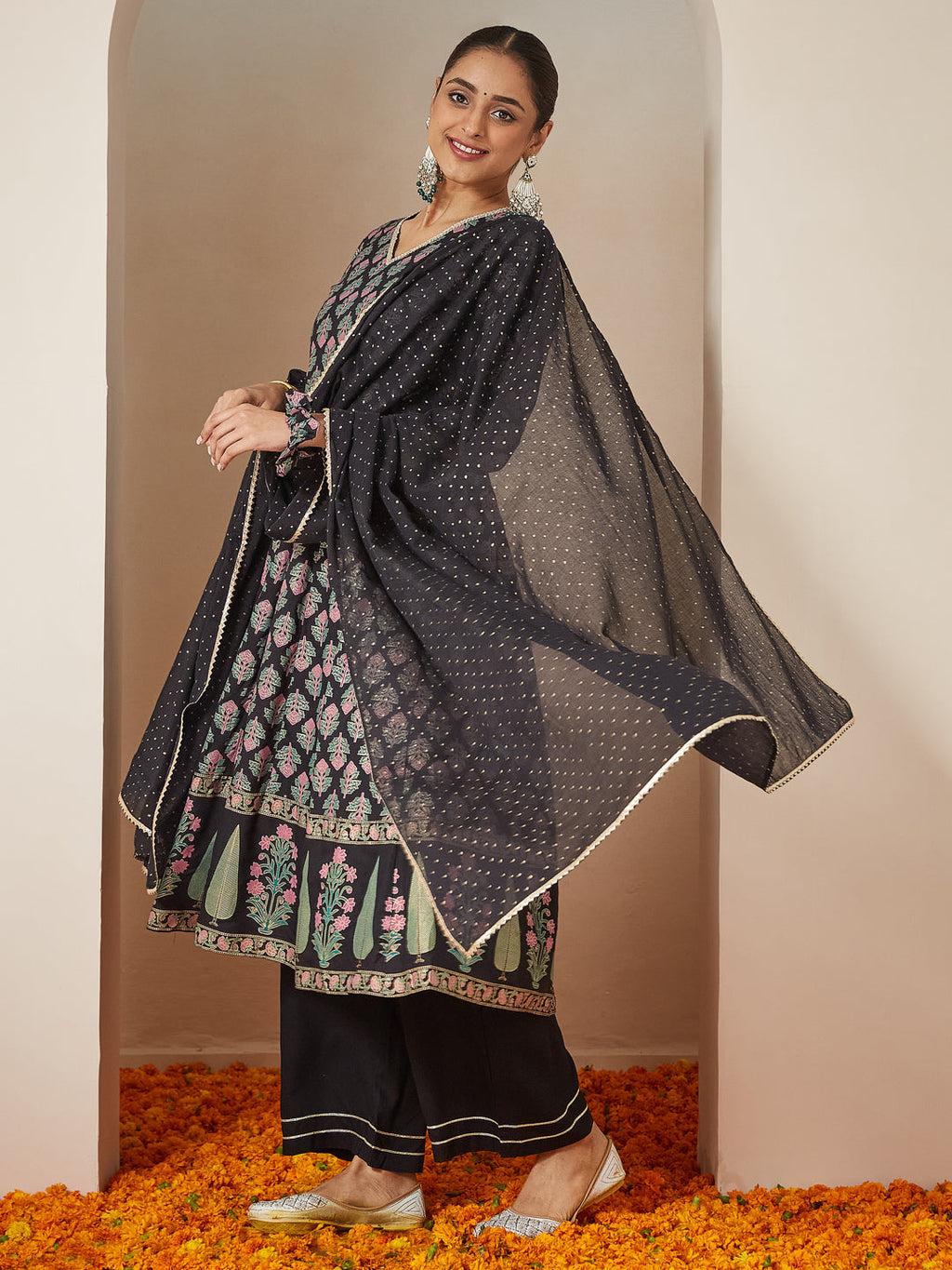 Janasya Dark Rayon Ethnic Motifs A-Line Kurta Set | Grocsy
