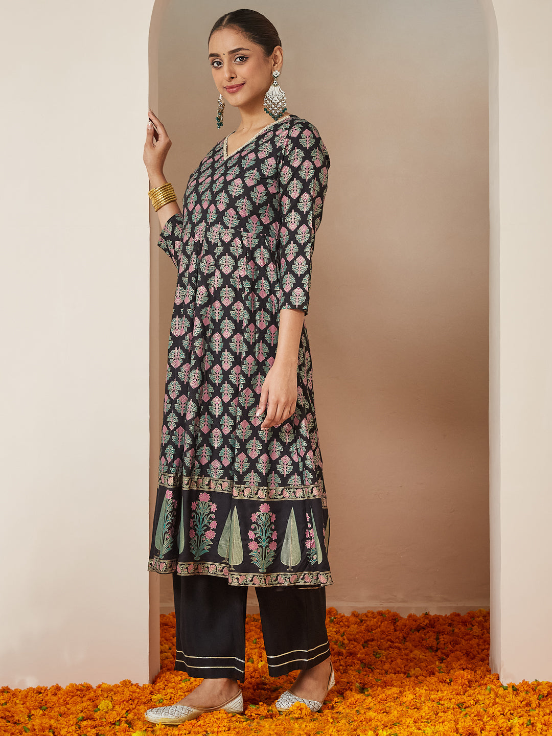 Janasya Dark Rayon Ethnic Motifs A-Line Kurta Set | Grocsy