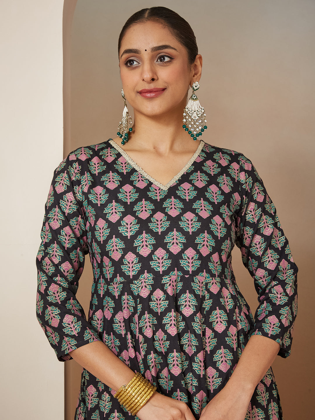 Janasya Dark Rayon Ethnic Motifs A-Line Kurta Set | Grocsy
