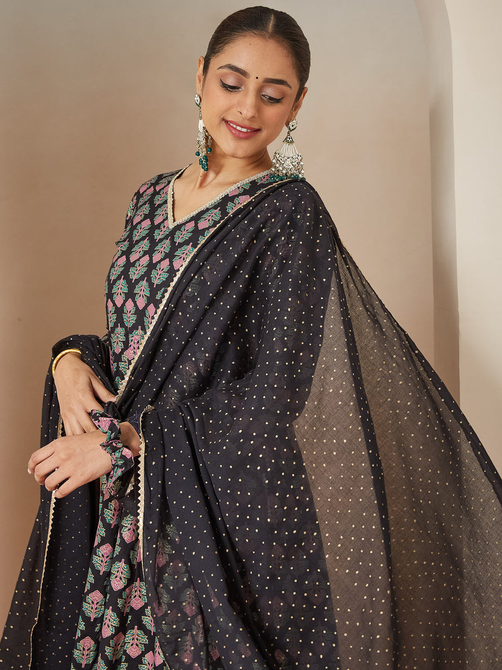 Janasya Dark Rayon Ethnic Motifs A-Line Kurta Set | Grocsy