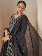 Janasya Dark Rayon Ethnic Motifs A-Line Kurta Set | Grocsy