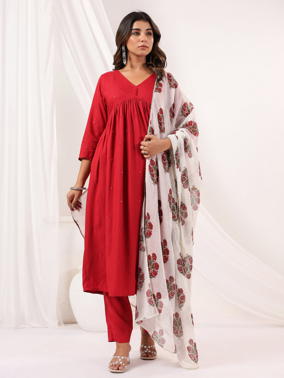 Janasya Dark Rayon Embellished A-Line Kurta Set | Grocsy