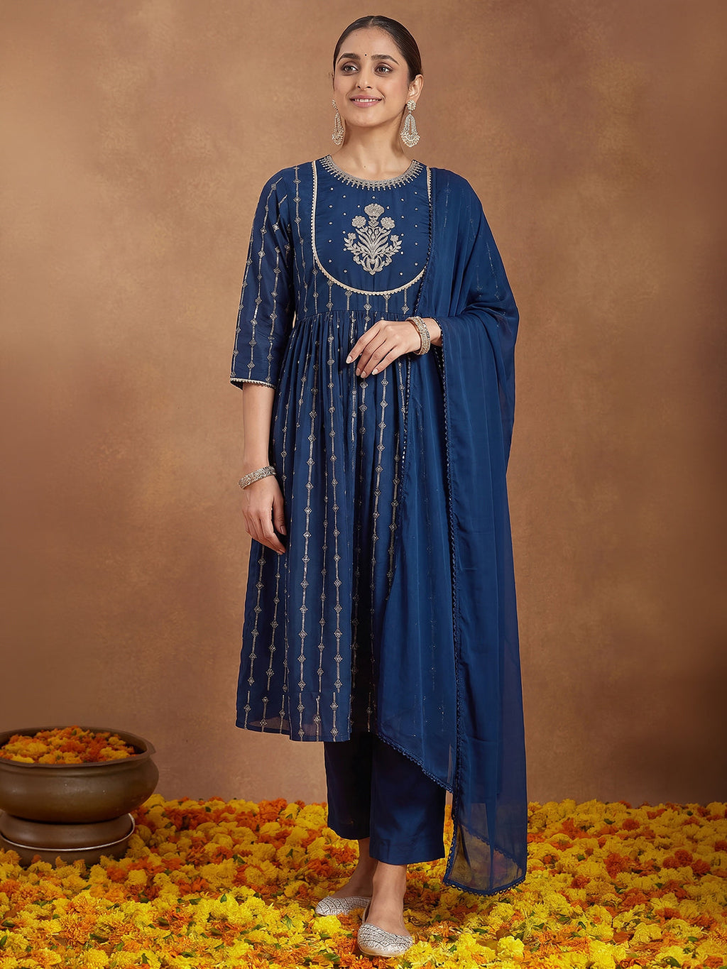 Janasya Teal A-Line Muslin Kurta,Bottom & Dupatta | Grocsy