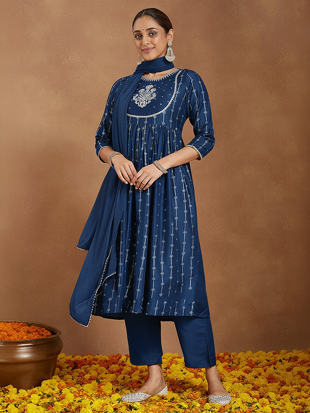 Janasya Teal A-Line Muslin Kurta,Bottom & Dupatta | Grocsy