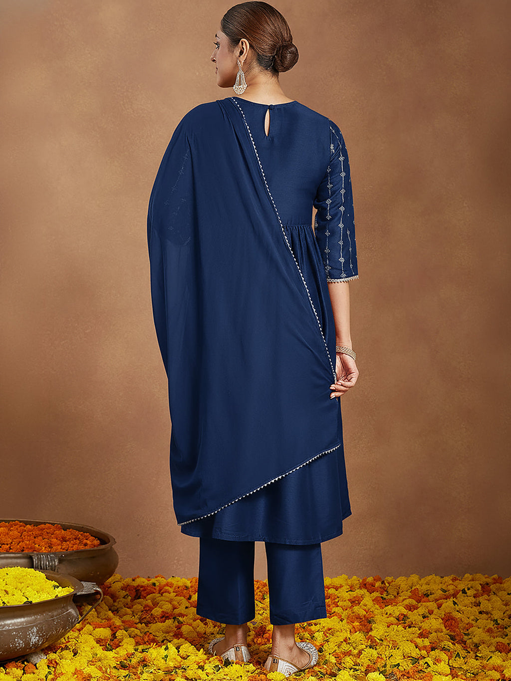 Janasya Teal A-Line Muslin Kurta,Bottom & Dupatta | Grocsy