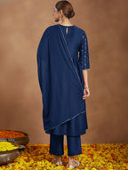 Janasya Teal A-Line Muslin Kurta,Bottom & Dupatta | Grocsy