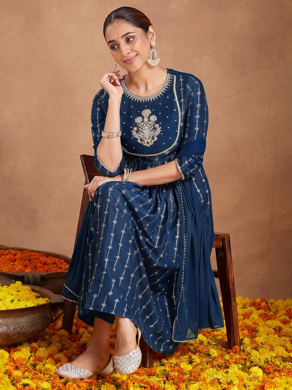 Janasya Teal A-Line Muslin Kurta,Bottom & Dupatta | Grocsy