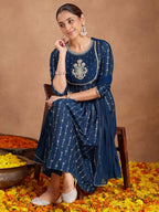 Janasya Teal A-Line Muslin Kurta,Bottom & Dupatta | Grocsy