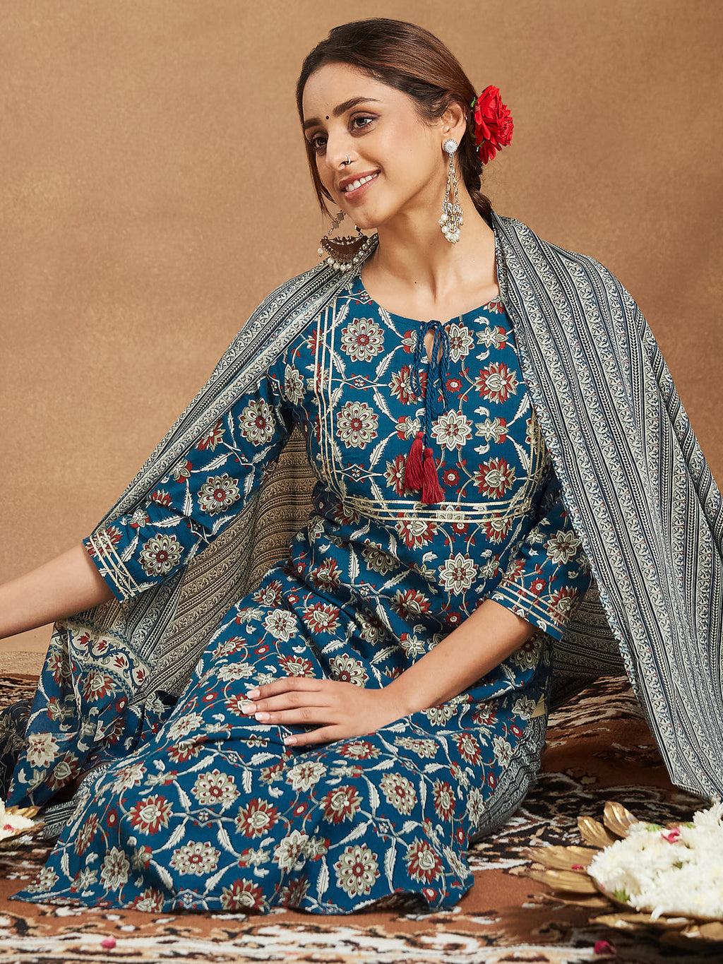 Janasya Bright Cotton Floral Straight Kurta Set | Grocsy