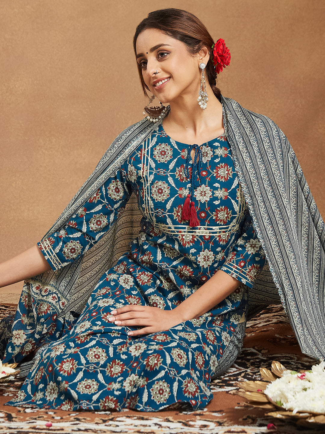 Janasya Bright Cotton Floral Straight Kurta Set | Grocsy