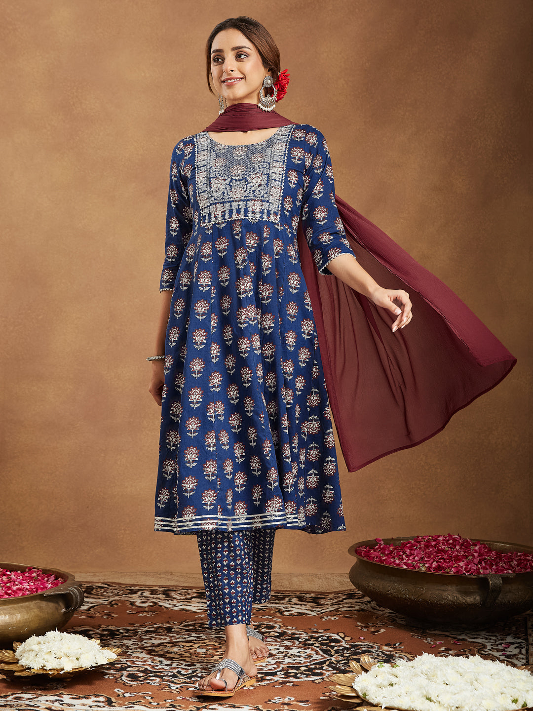 Janasya Dark Cotton Floral Anarkali Kurta Set | Grocsy