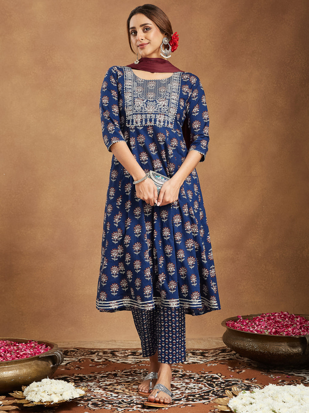 Janasya Dark Cotton Floral Anarkali Kurta Set | Grocsy