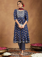 Janasya Dark Cotton Floral Anarkali Kurta Set | Grocsy