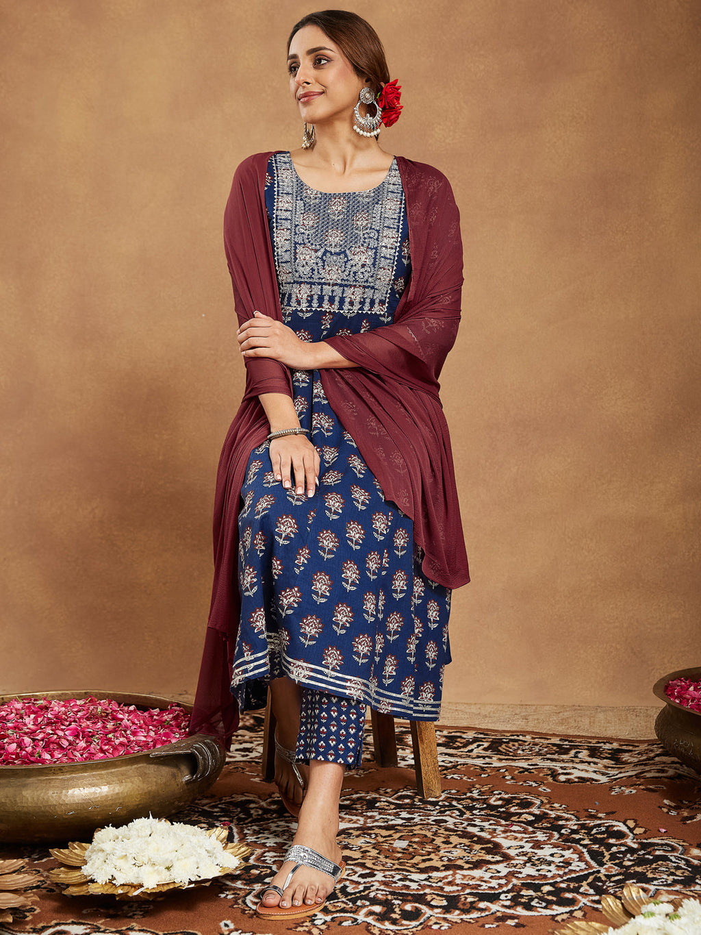 Janasya Dark Cotton Floral Anarkali Kurta Set | Grocsy