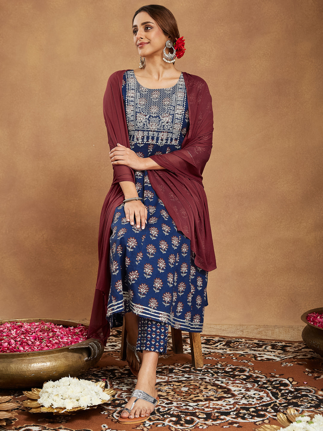 Janasya Dark Cotton Floral Anarkali Kurta Set | Grocsy