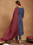 Janasya Dark Cotton Floral Anarkali Kurta Set | Grocsy