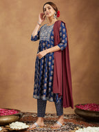 Janasya Dark Cotton Floral Anarkali Kurta Set | Grocsy