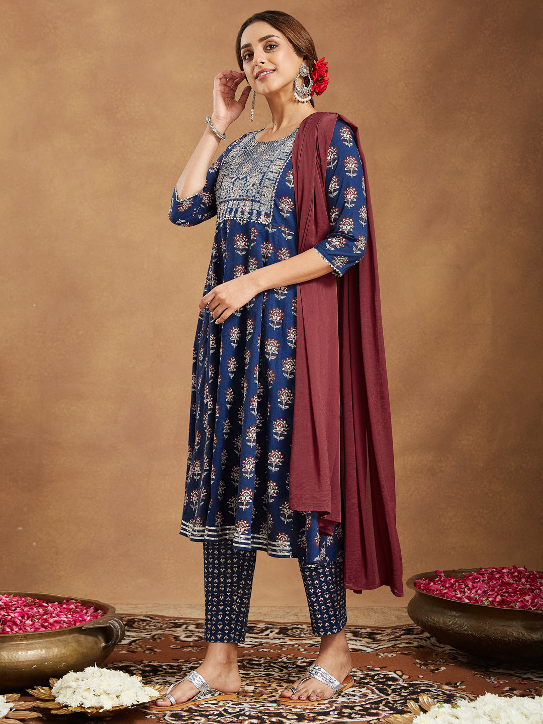 Janasya Dark Cotton Floral Anarkali Kurta Set | Grocsy