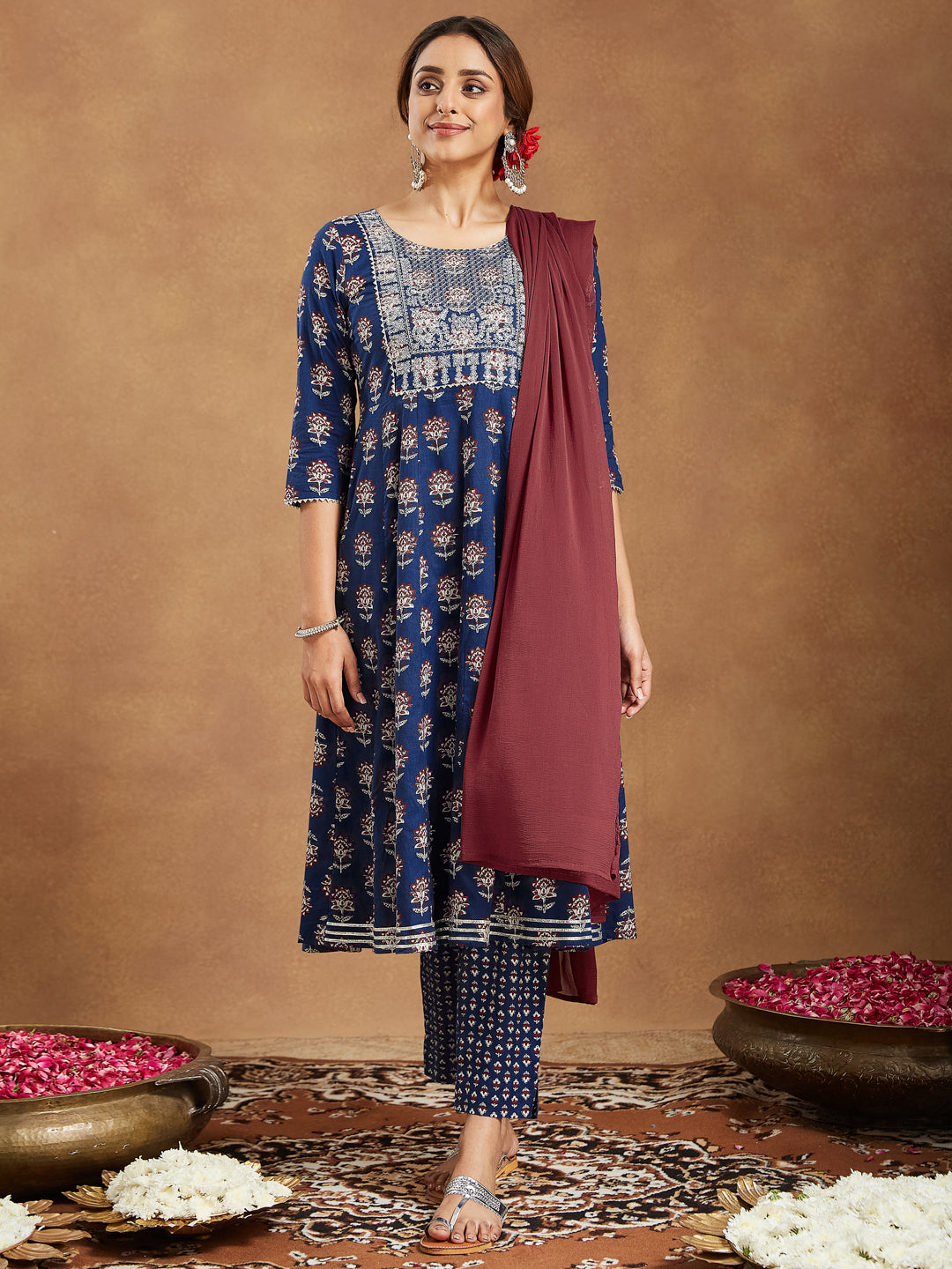 Janasya Dark Cotton Floral Anarkali Kurta Set | Grocsy