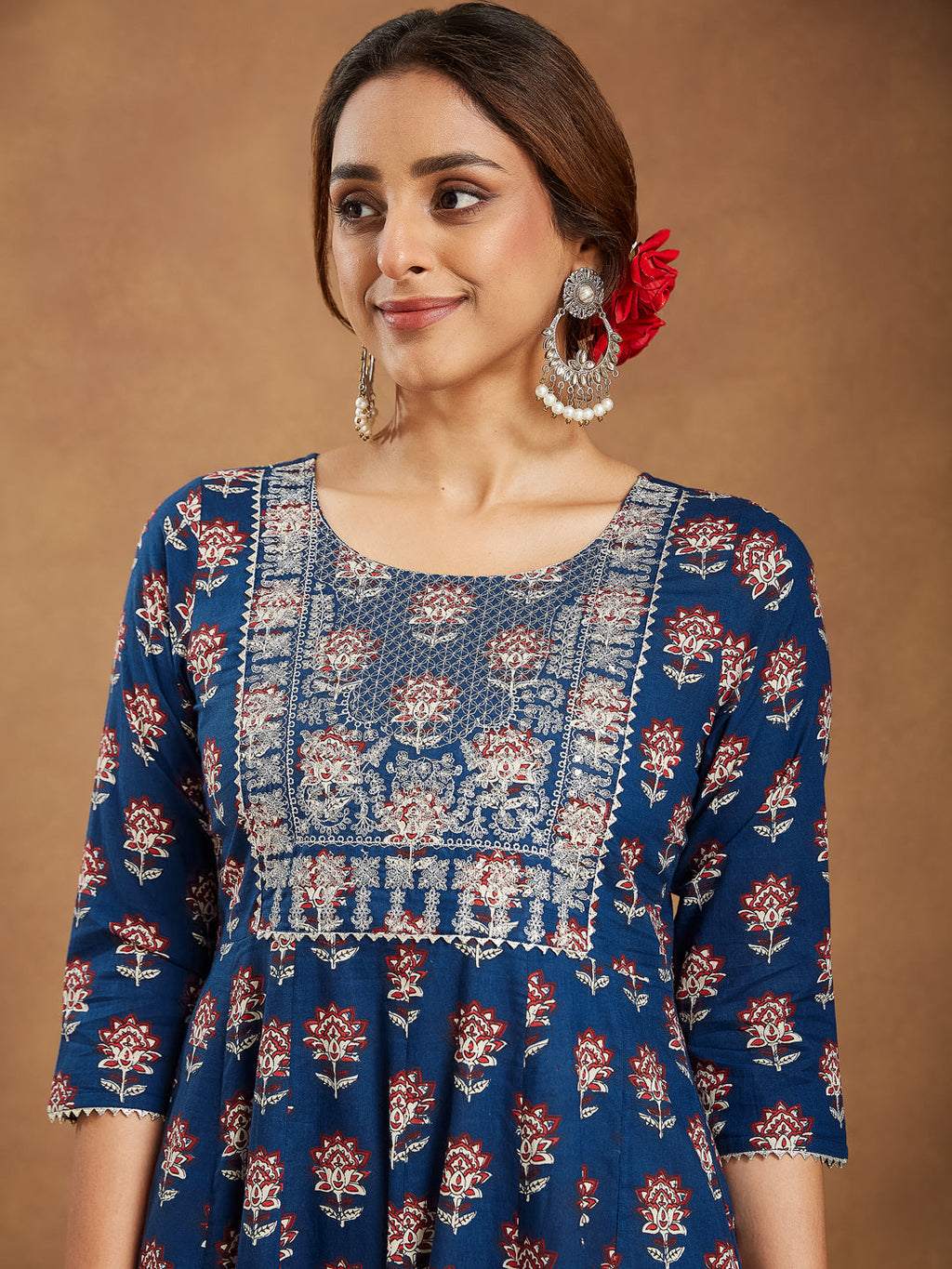 Janasya Dark Cotton Floral Anarkali Kurta Set | Grocsy