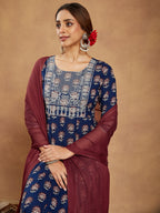 Janasya Dark Cotton Floral Anarkali Kurta Set | Grocsy