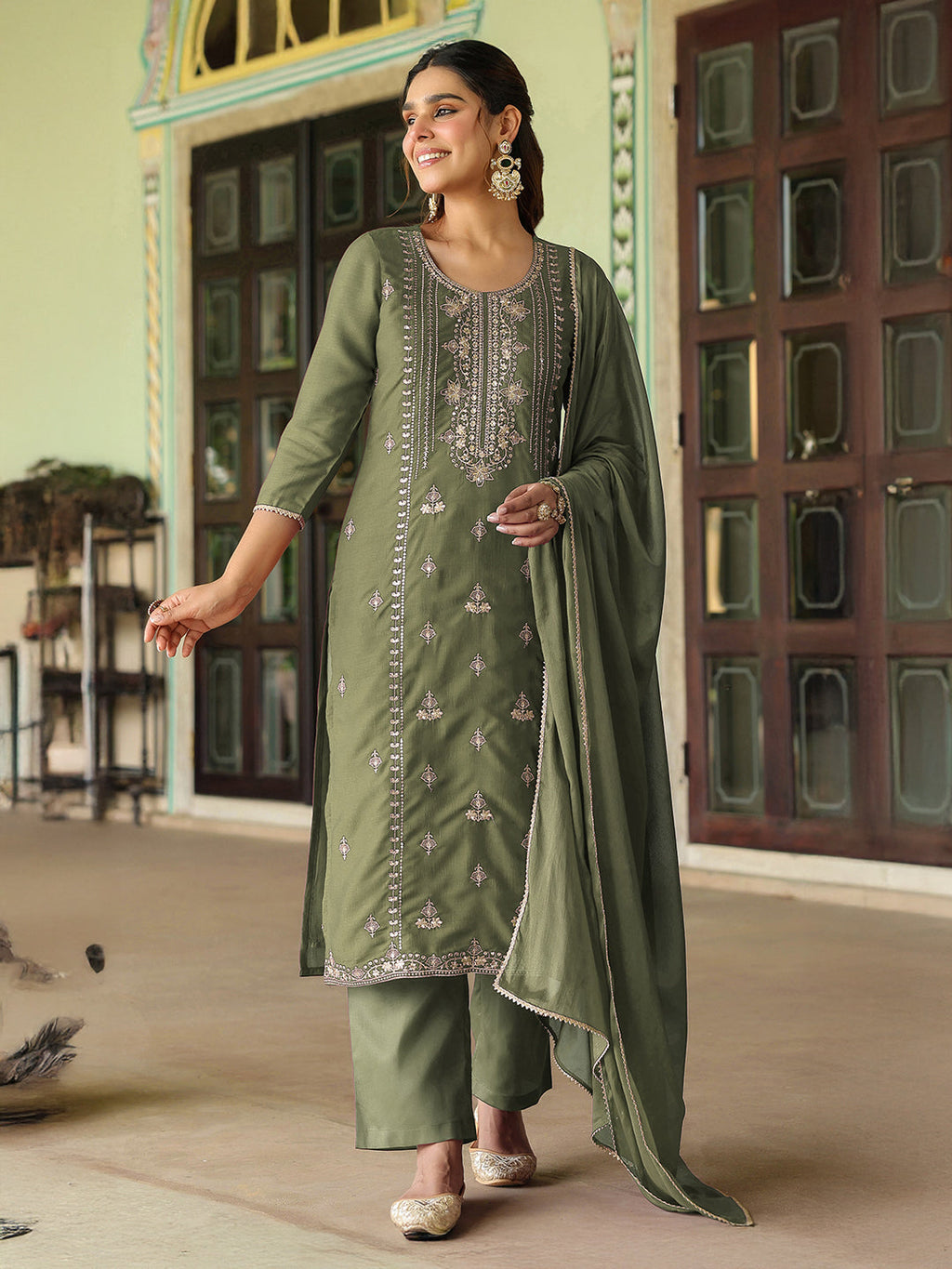 Janasya Sage Straight Silk Blend Kurta,Bottom & Dupatta | Grocsy