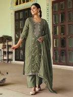Janasya Sage Straight Silk Blend Kurta,Bottom & Dupatta | Grocsy
