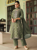Janasya Sage Straight Silk Blend Kurta,Bottom & Dupatta | Grocsy