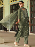Janasya Sage Straight Silk Blend Kurta,Bottom & Dupatta | Grocsy