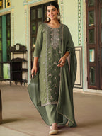 Janasya Sage Straight Silk Blend Kurta,Bottom & Dupatta | Grocsy