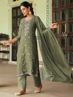 Janasya Sage Straight Silk Blend Kurta,Bottom & Dupatta | Grocsy