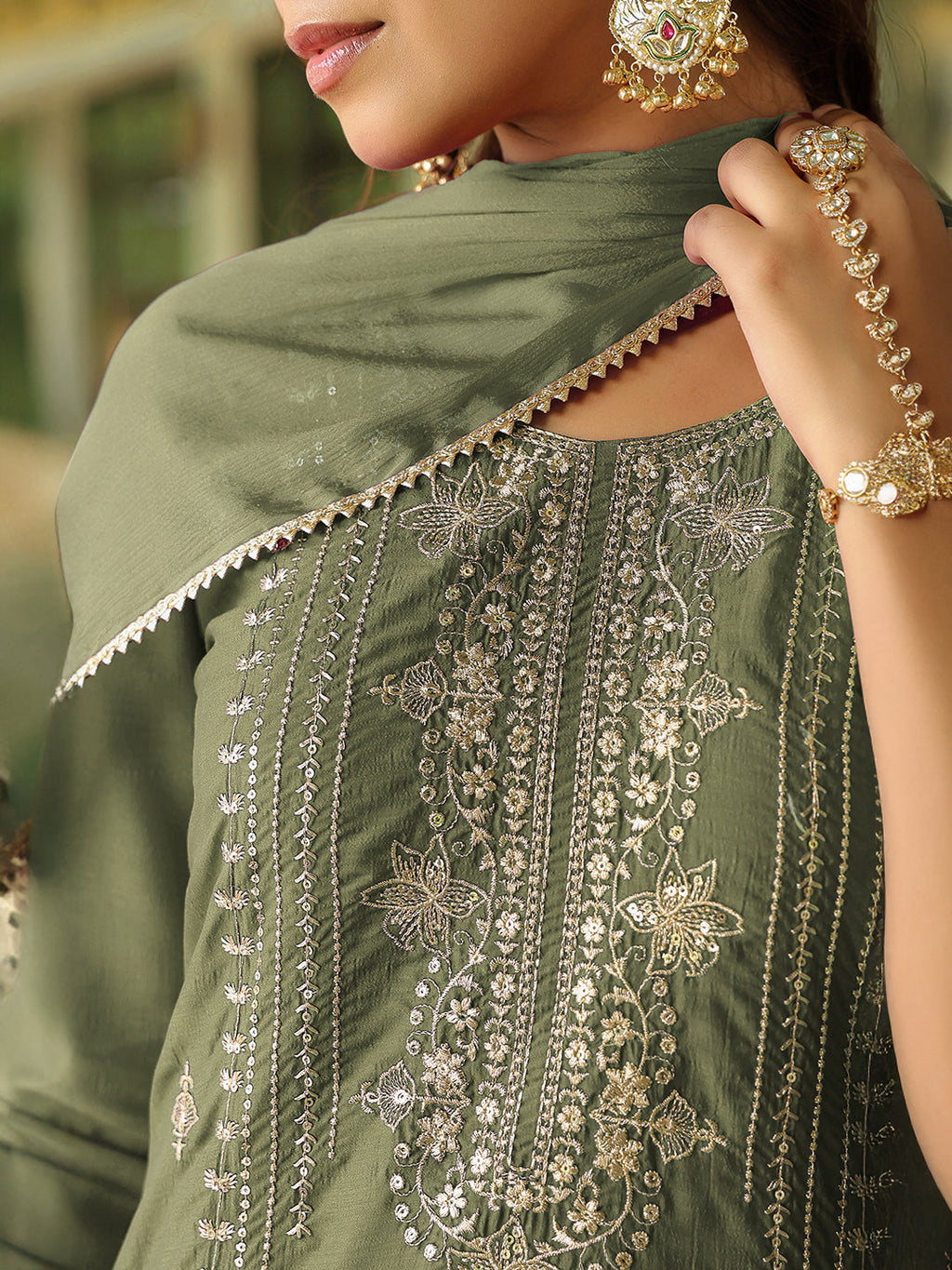 Janasya Sage Straight Silk Blend Kurta,Bottom & Dupatta | Grocsy
